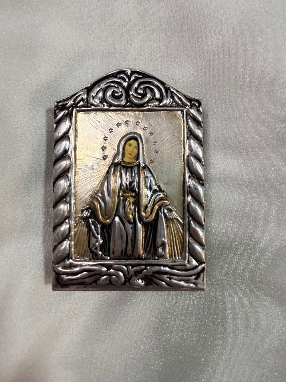Vintage Virgin Mary Our Lady of Grace Metal Relief Wall Plaque Wood Back 4"